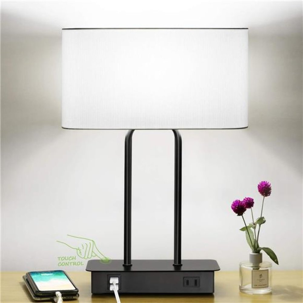 Touch Control Table Lamp with USB Charging Ports Fabric Shade